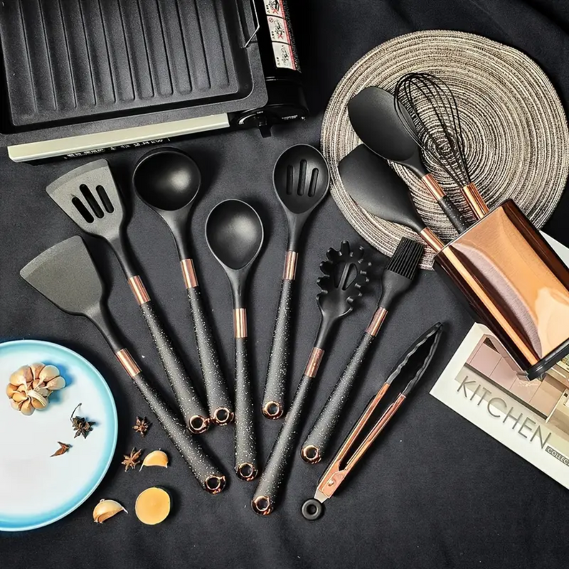 Ultra premium silicone utensils with Rose Gold plated handles